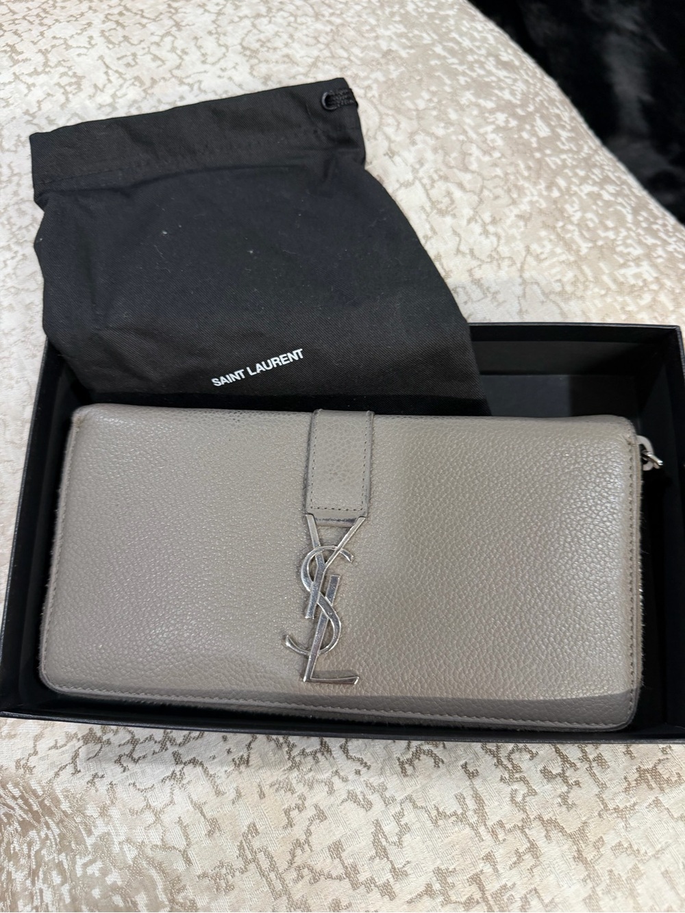 Saint Laurent Grey Pebbled Leather Continental Wallet with Silver YSL